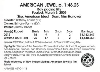2013 Harness Heroes #1 American Jewel Back